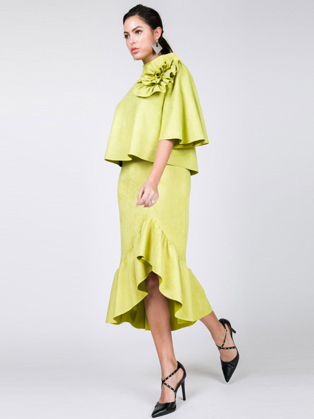 WOMEN'S ZIPPER CLOSURE HIGH-LOW RUFFLE MIDI SKIRT