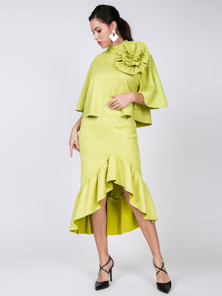 WOMEN'S ZIPPER CLOSURE HIGH-LOW RUFFLE MIDI SKIRT