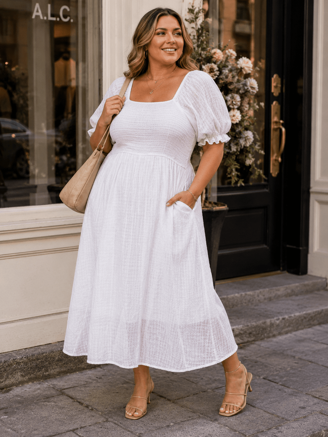 PLUS SIZE SHORT SLEEVE SQUARE POCKETS SMOCK MAXI DRESS