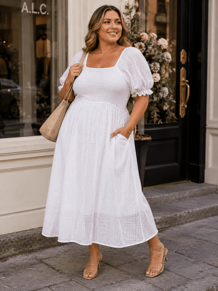 PLUS SIZE SHORT SLEEVE SQUARE POCKETS SMOCK MAXI DRESS