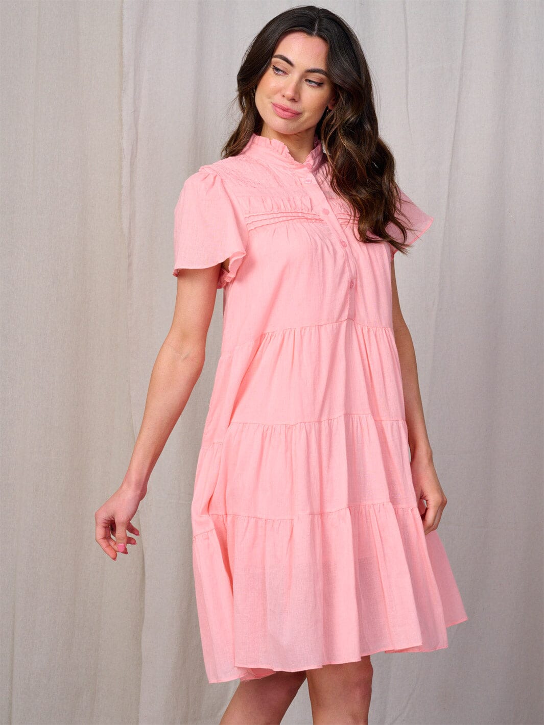 WOMEN'S SHORT SLEEVE BUTTON UP TIERED TUNIC MINI DRESS