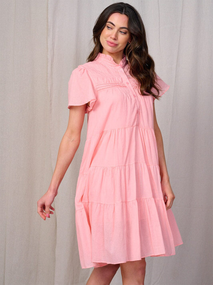 WOMEN'S SHORT SLEEVE BUTTON UP TIERED TUNIC MINI DRESS