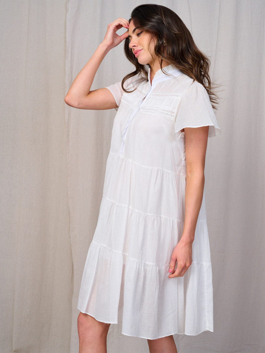 WOMEN'S SHORT SLEEVE BUTTON UP TIERED TUNIC MINI DRESS