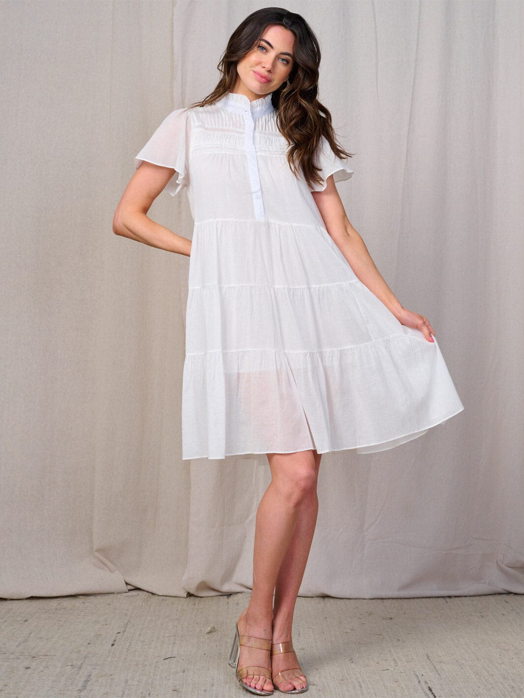 WOMEN'S SHORT SLEEVE BUTTON UP TIERED TUNIC MINI DRESS