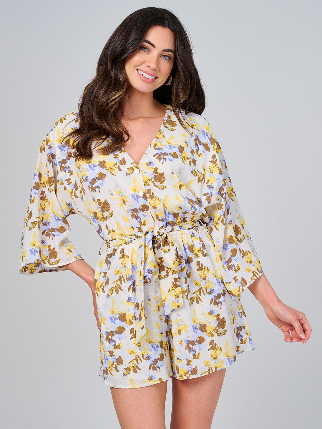 WOMEN'S SHORT SLEEVE BUTTON UP ELASTIC WAIST FRONT POCKETS FLORAL ROMPER