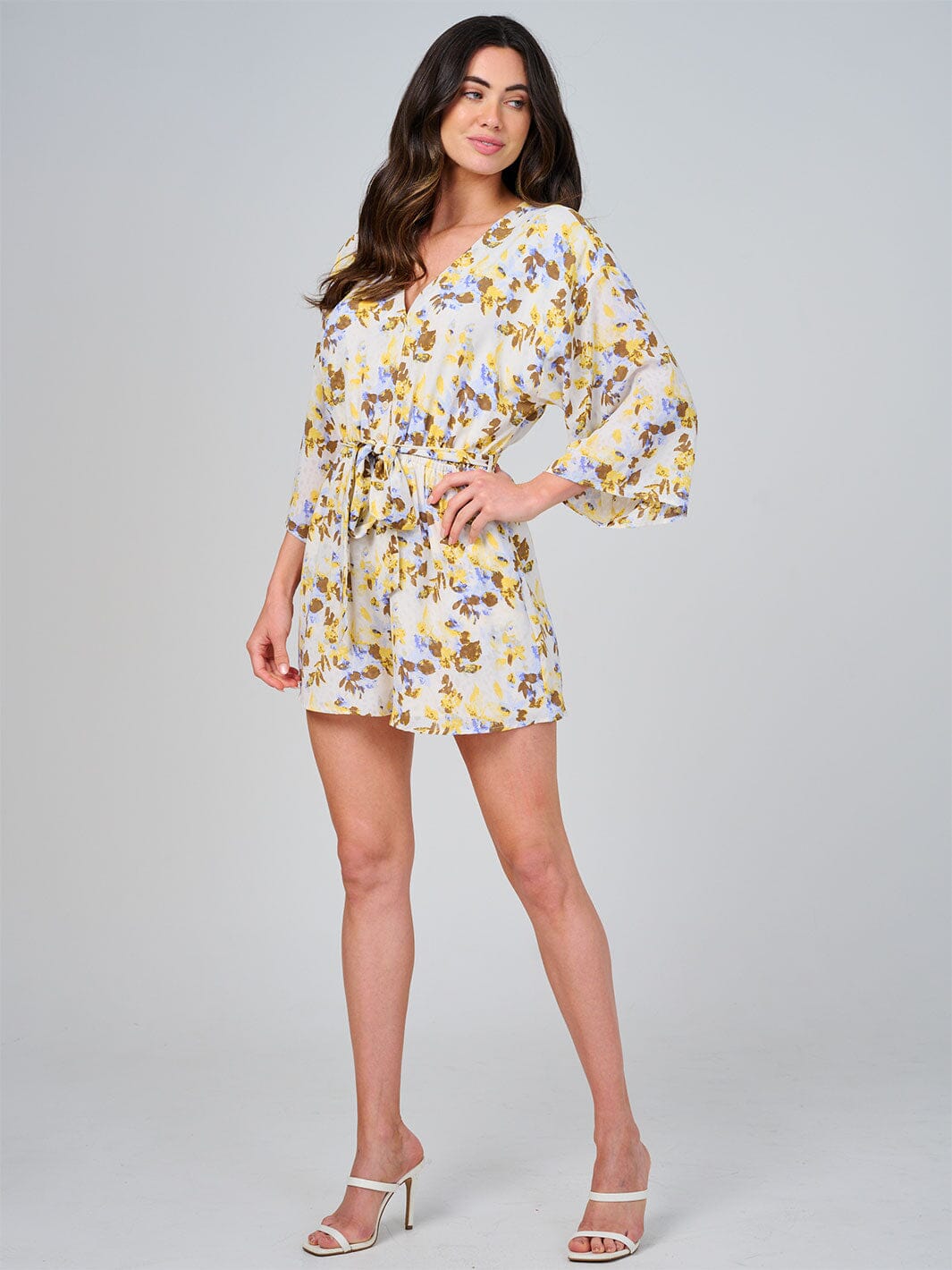 WOMEN'S SHORT SLEEVE BUTTON UP ELASTIC WAIST FRONT POCKETS FLORAL ROMPER