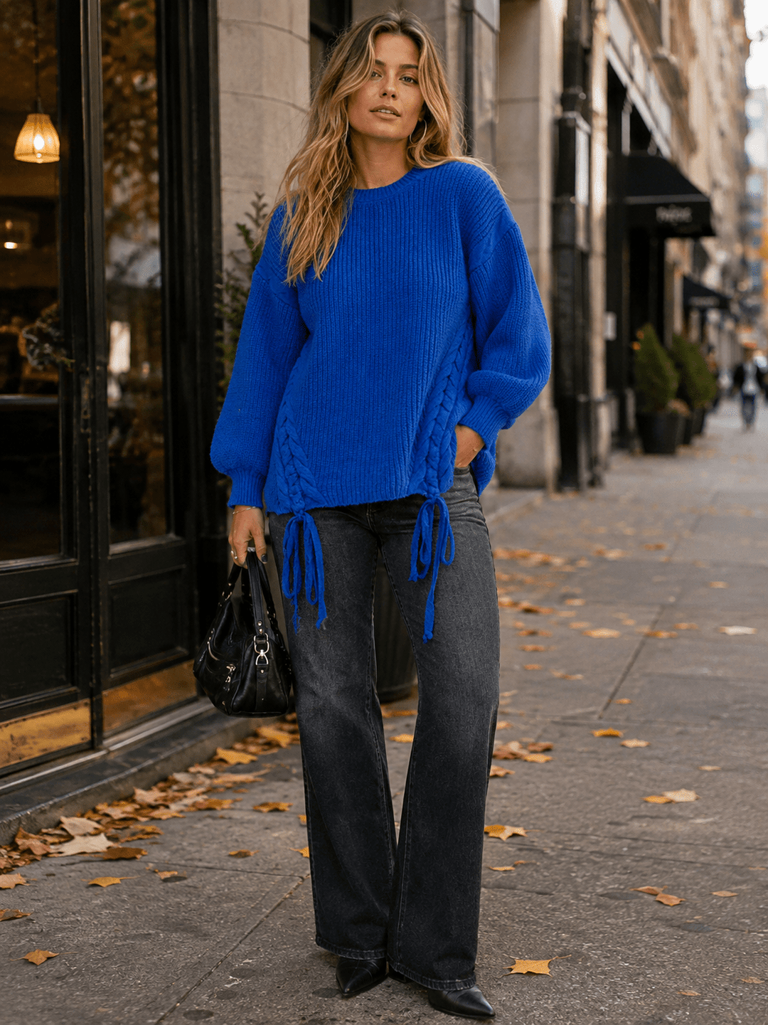WOMEN'S LONG SLEEVE LACE UP DETAILED PULLOVER SWEATER