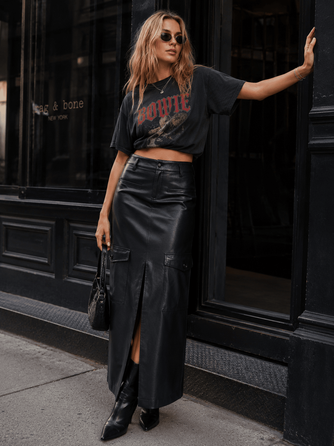 WOMEN'S BUTTON CLOSURE FRONT SLIT POCKETS PU PLEATHER MAXI SKIRT