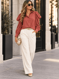 ENTRO WOMEN'S LONG PUFF SLEEVE BUTTON UP BLOUSE