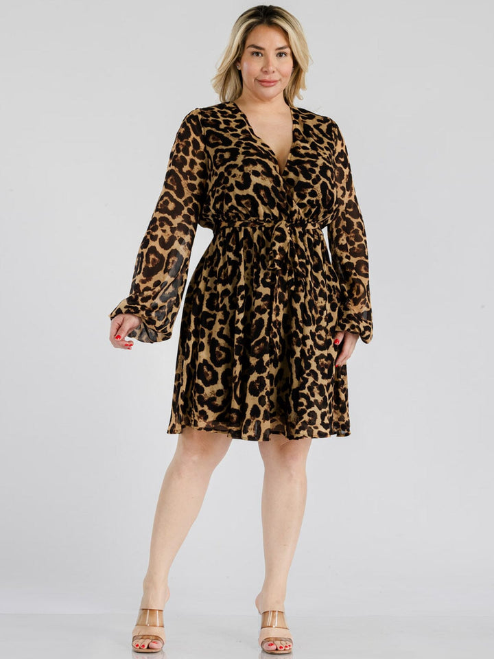 PLUS SIZE LONG SLEEVE SURPLICE SELF TIE ANIMAL PRINT MINI DRESS