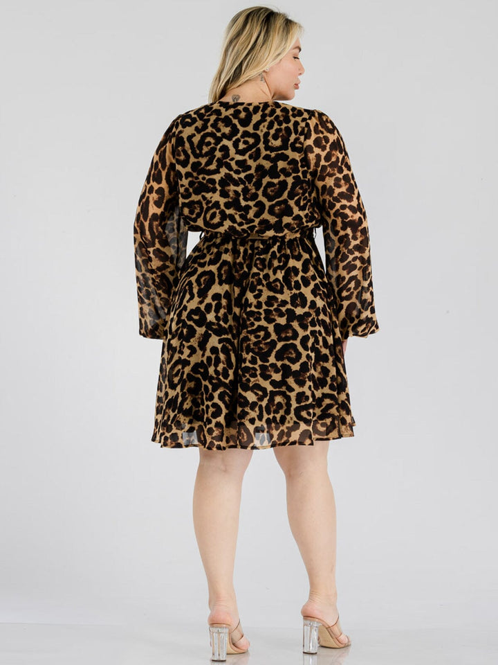 PLUS SIZE LONG SLEEVE SURPLICE SELF TIE ANIMAL PRINT MINI DRESS