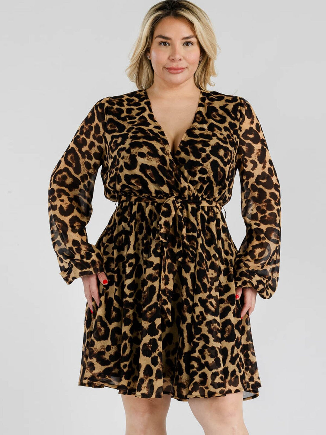 PLUS SIZE LONG SLEEVE SURPLICE SELF TIE ANIMAL PRINT MINI DRESS