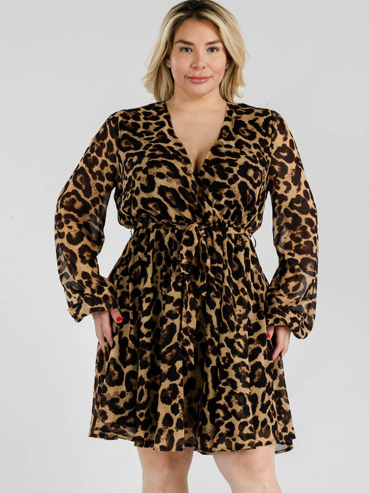 PLUS SIZE LONG SLEEVE SURPLICE SELF TIE ANIMAL PRINT MINI DRESS