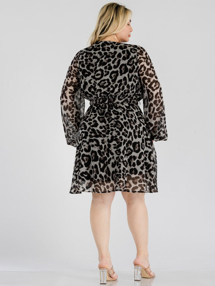 PLUS SIZE LONG SLEEVE SURPLICE SELF TIE ANIMAL PRINT MINI DRESS