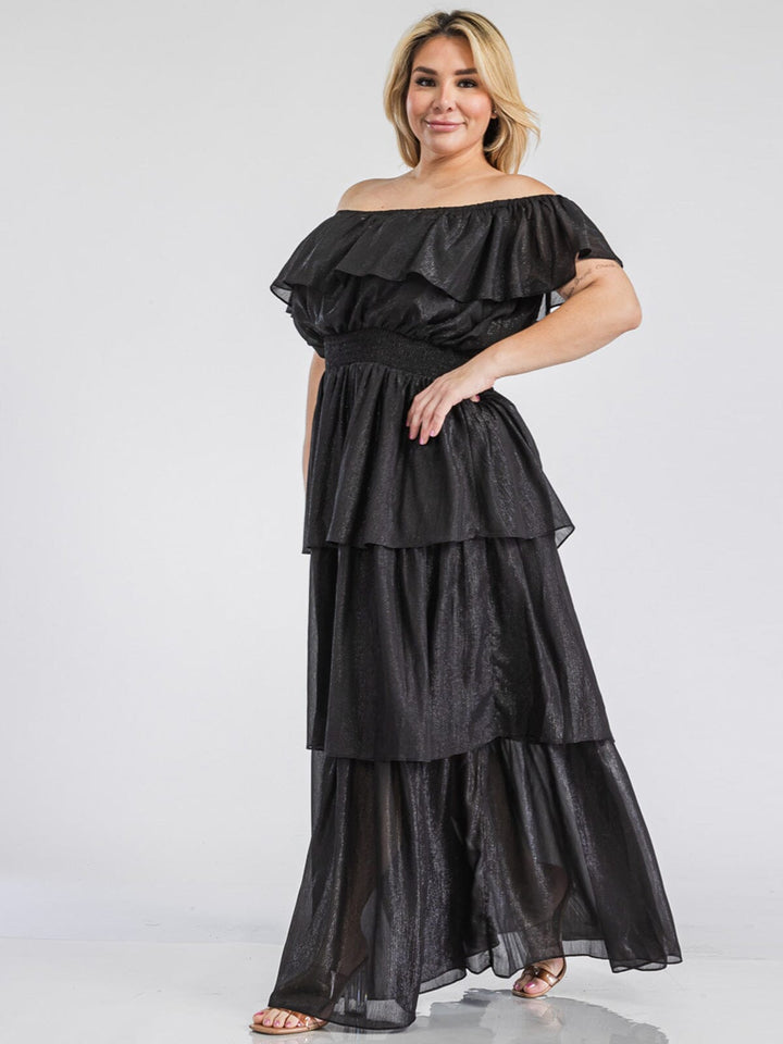 PLUS SIZE OFF SHOULDER SMOCK WAIST TIERED SHIMMER MAXI DRESS