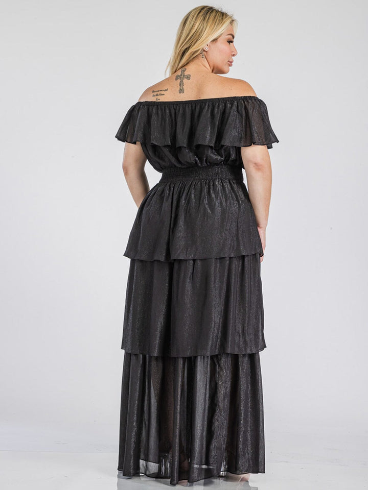 PLUS SIZE OFF SHOULDER SMOCK WAIST TIERED SHIMMER MAXI DRESS