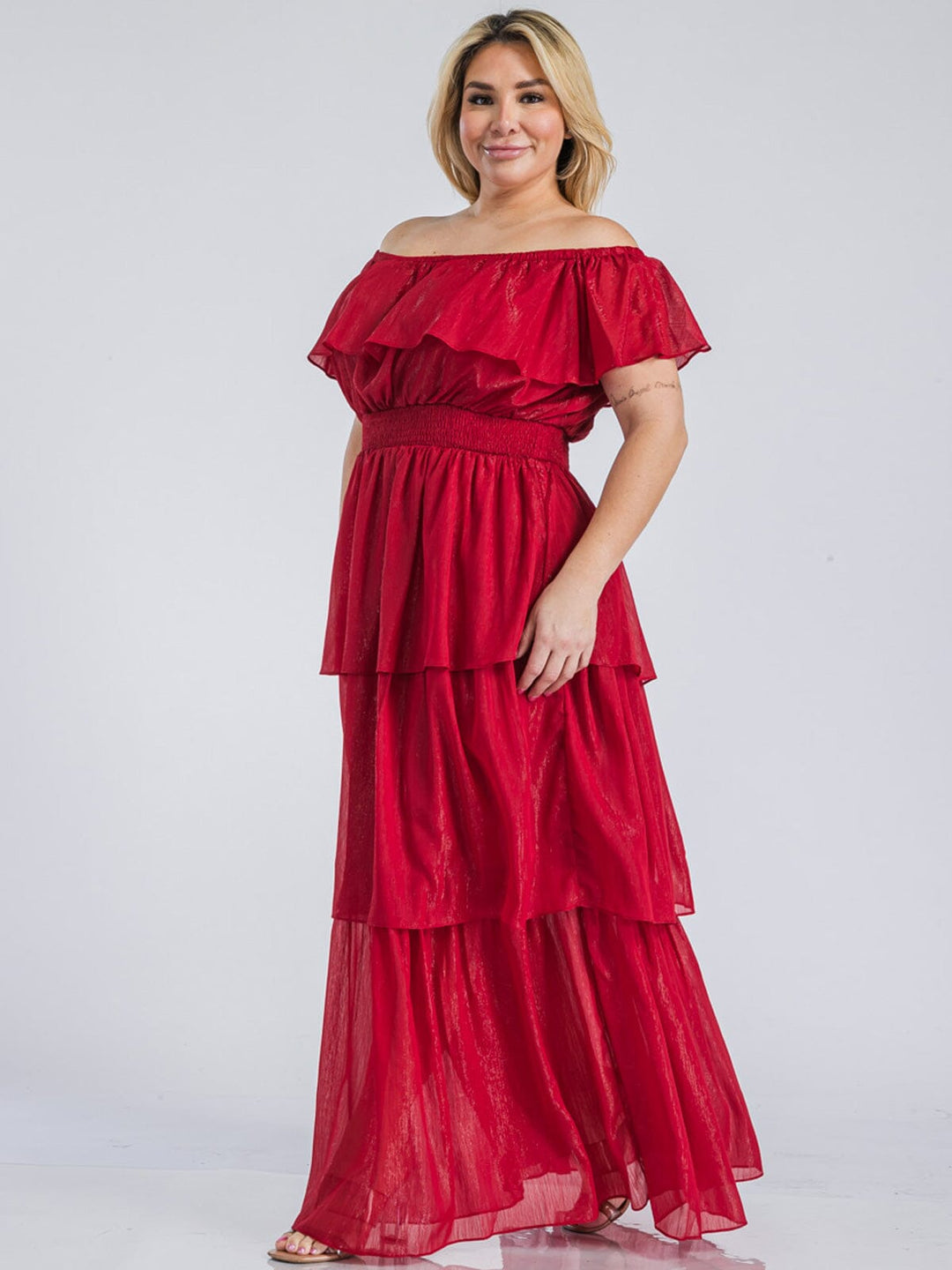 PLUS SIZE OFF SHOULDER SMOCK WAIST TIERED SHIMMER MAXI DRESS