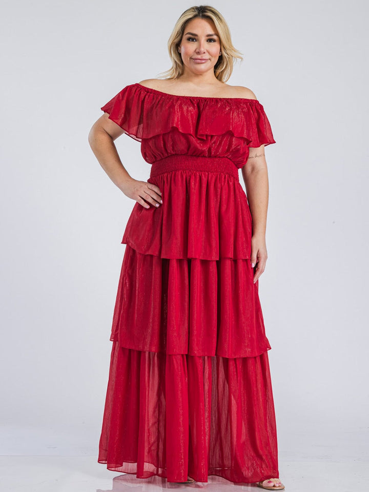 PLUS SIZE OFF SHOULDER SMOCK WAIST TIERED SHIMMER MAXI DRESS