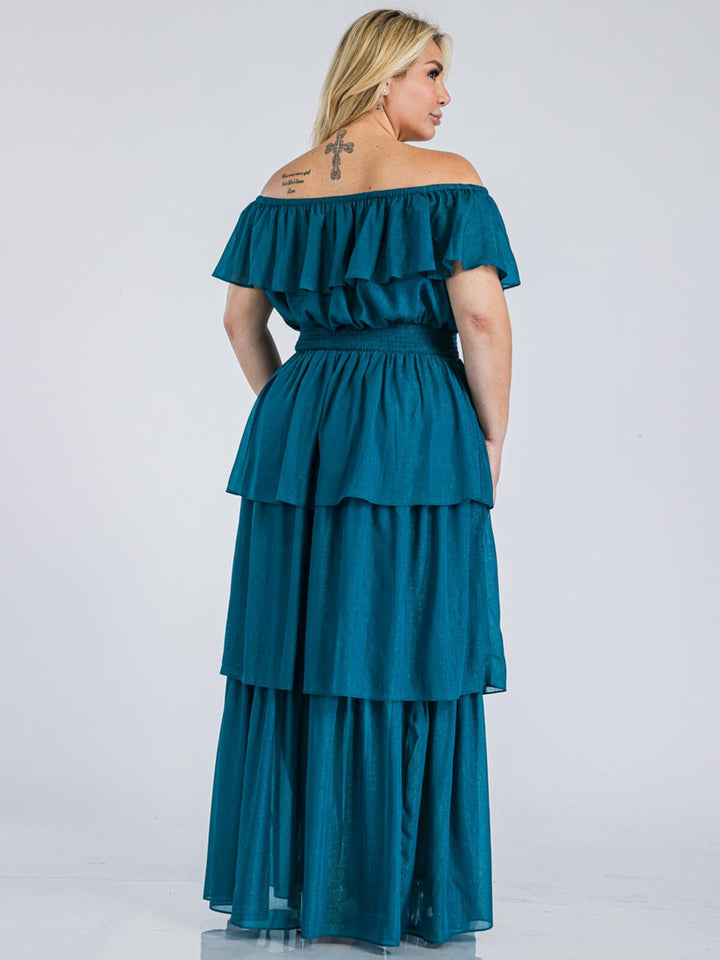 PLUS SIZE OFF SHOULDER SMOCK WAIST TIERED SHIMMER MAXI DRESS