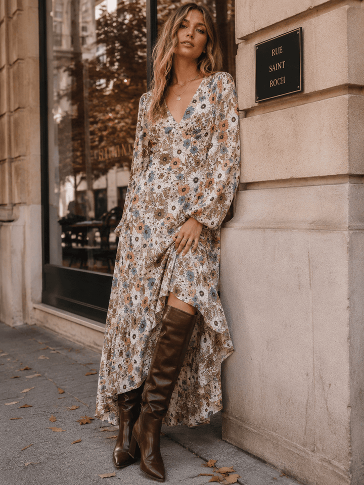 WOMEN'S LONG SLEEVE V-NECK SELF TIE HIGH-LOW FLORAL PRINT MAXI DRESS