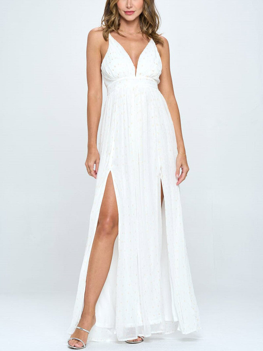 WOMEN'S SLEEVELESS V-NECK FRONT SLIT SHIMMER DETAILED MAXI DRESS