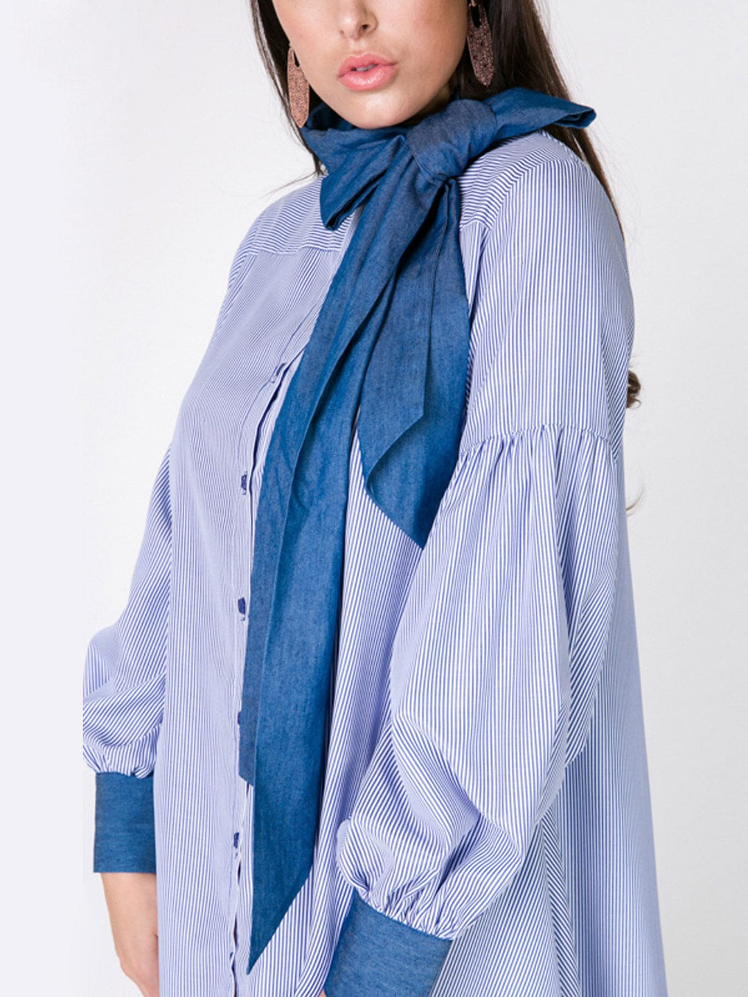 WOMEN'S LONG SLEEVE BUTTON UP LOOSE FIT STRIPES MIDI DRESS