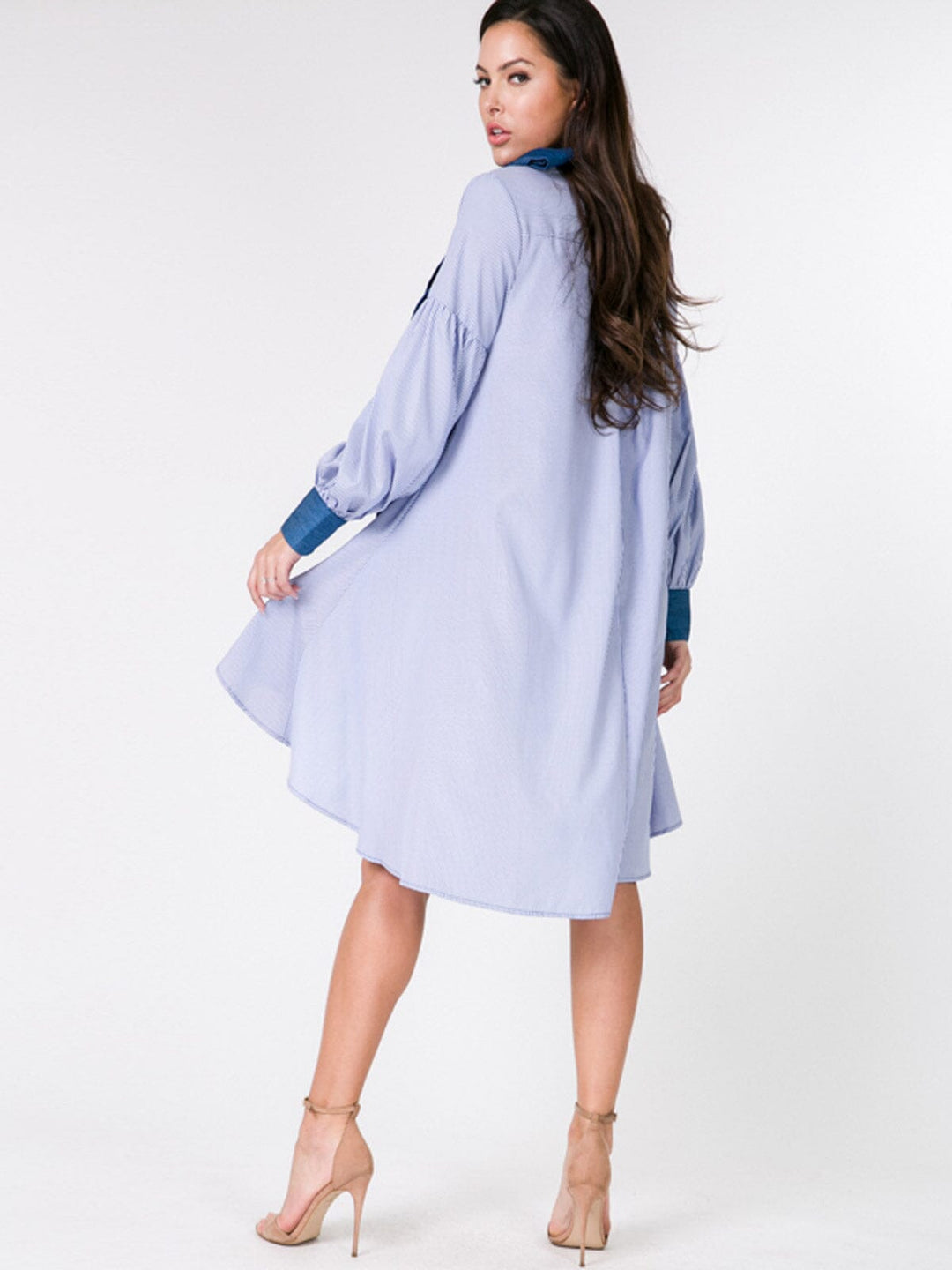 WOMEN'S LONG SLEEVE BUTTON UP LOOSE FIT STRIPES MIDI DRESS