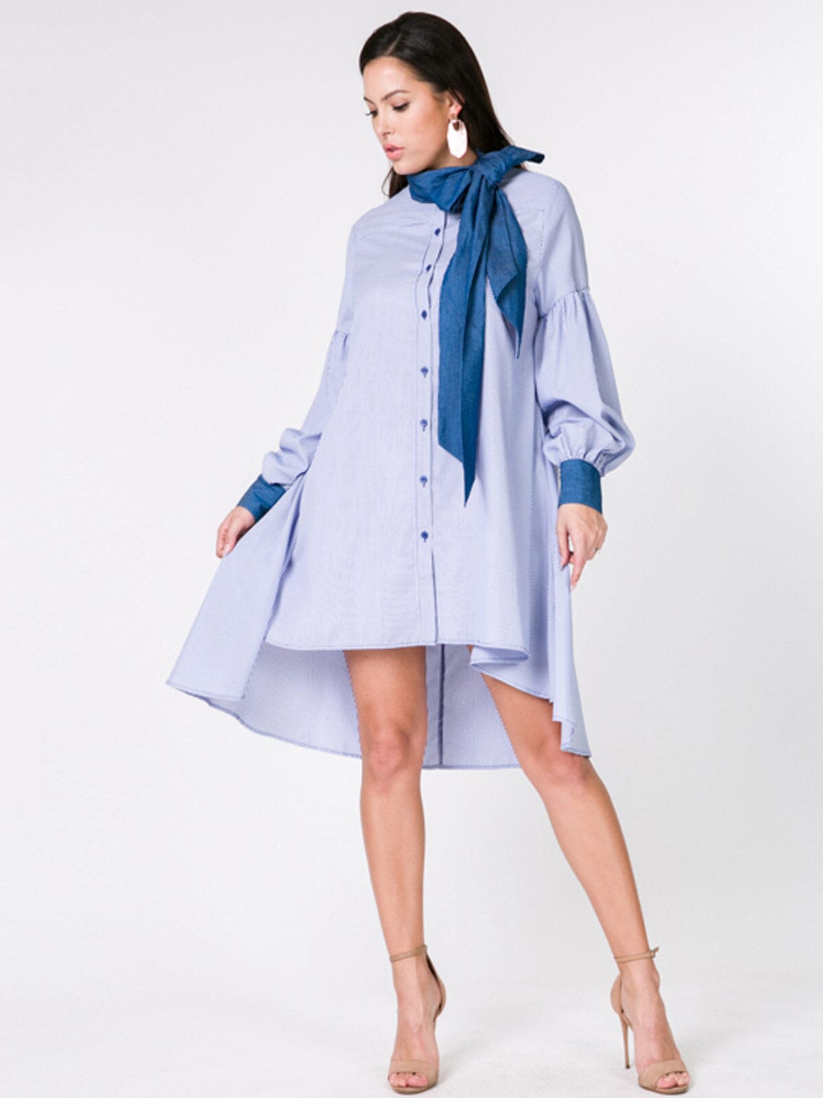 WOMEN'S LONG SLEEVE BUTTON UP LOOSE FIT STRIPES MIDI DRESS