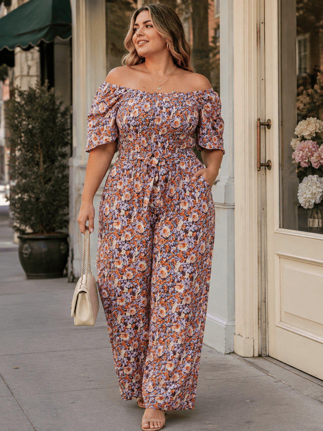 PLUS SIZE SHORT SLEEVE ELASTIC WAIST FLORAL PRINT WIDE LEG JUMPSUIT