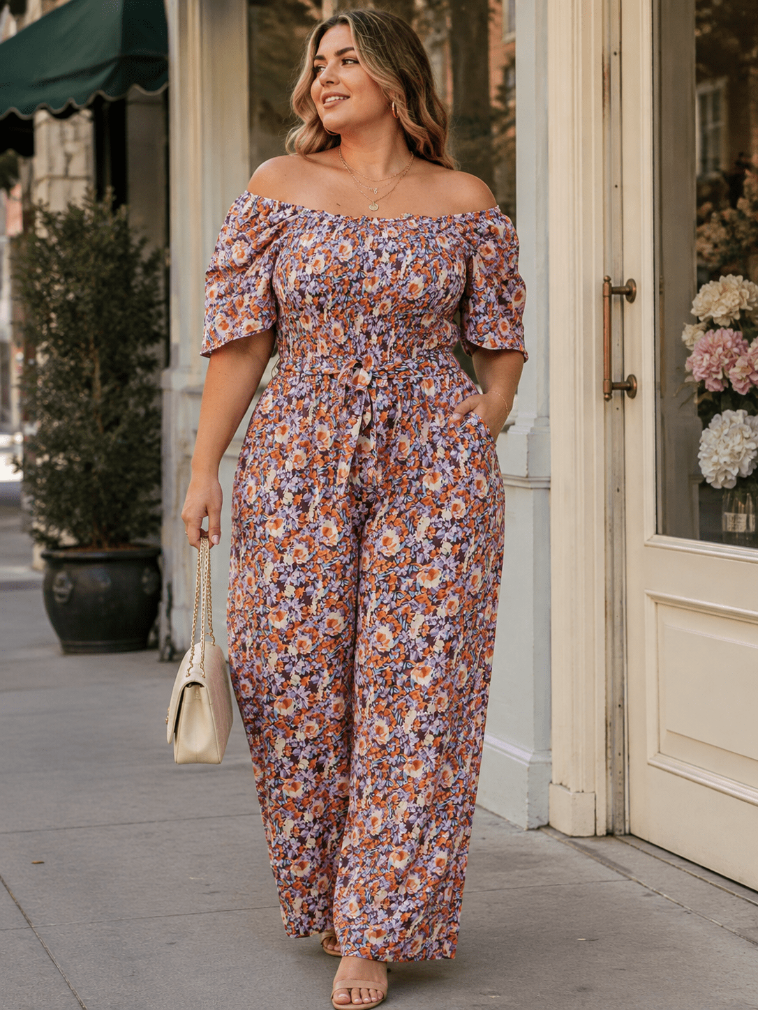 PLUS SIZE SHORT SLEEVE ELASTIC WAIST FLORAL PRINT WIDE LEG JUMPSUIT