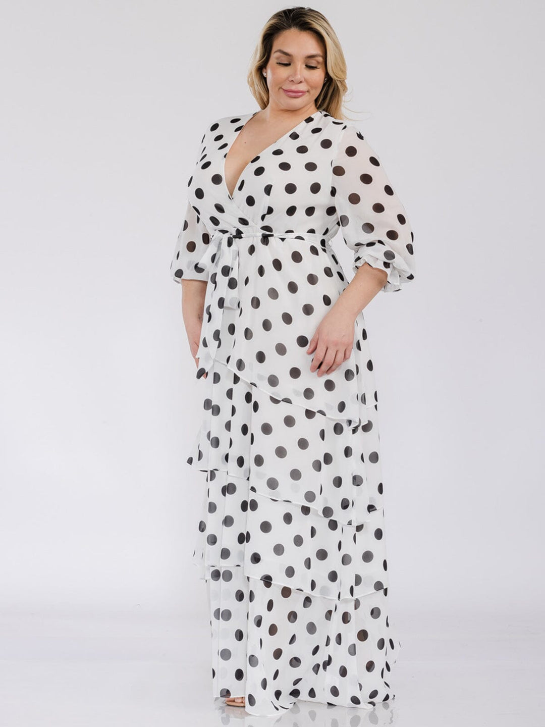 PLUS SIZE 3/4 SLEEVES SURPLICE SELF TIE RUFFLE POLKA DOTS MAXI DRESS