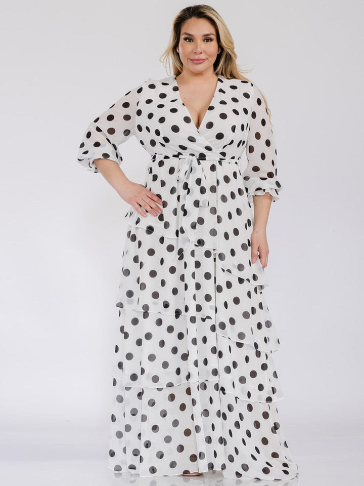 PLUS SIZE 3/4 SLEEVES SURPLICE SELF TIE RUFFLE POLKA DOTS MAXI DRESS