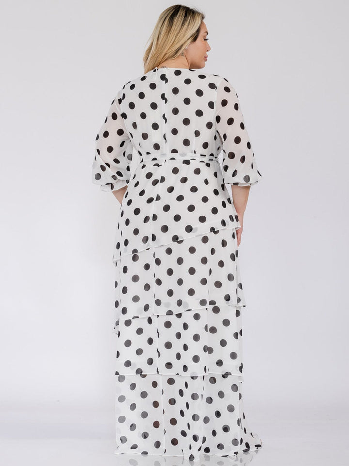 PLUS SIZE 3/4 SLEEVES SURPLICE SELF TIE RUFFLE POLKA DOTS MAXI DRESS