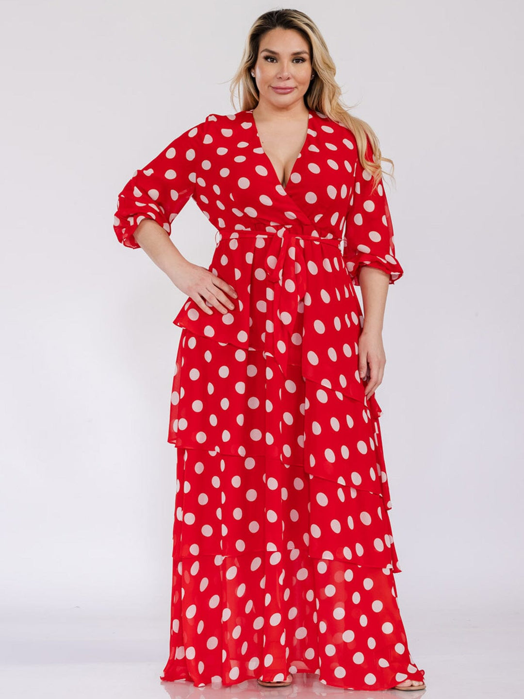 PLUS SIZE 3/4 SLEEVES SURPLICE SELF TIE RUFFLE POLKA DOTS MAXI DRESS