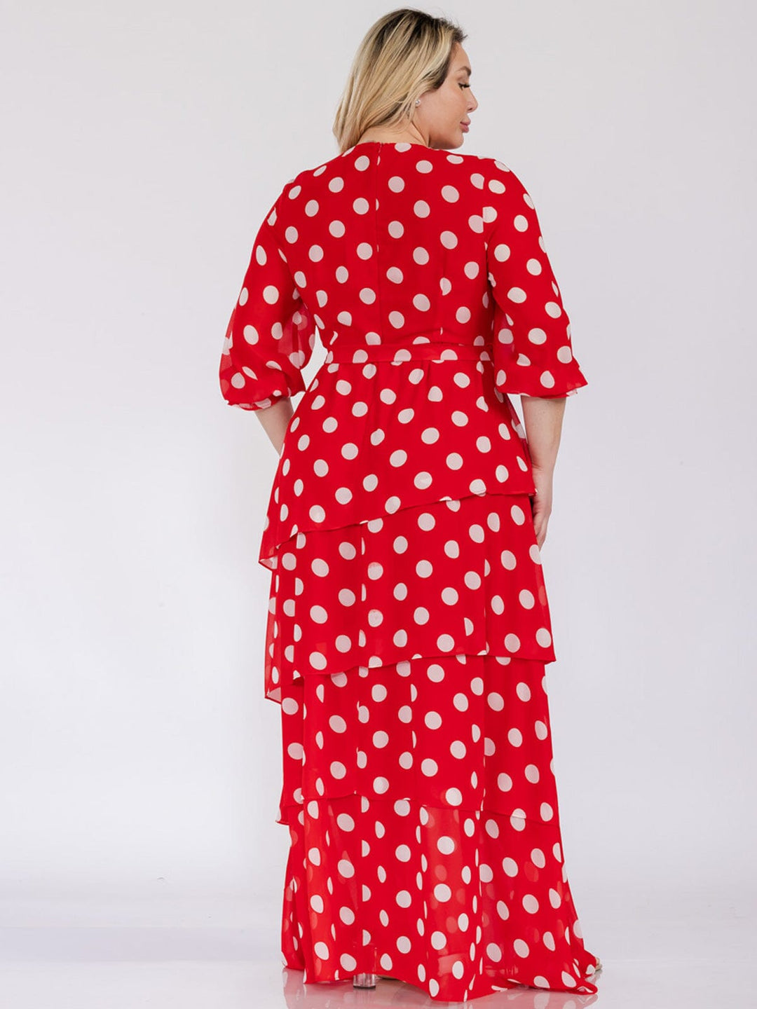 PLUS SIZE 3/4 SLEEVES SURPLICE SELF TIE RUFFLE POLKA DOTS MAXI DRESS