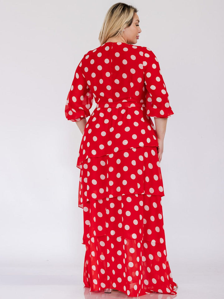 PLUS SIZE 3/4 SLEEVES SURPLICE SELF TIE RUFFLE POLKA DOTS MAXI DRESS