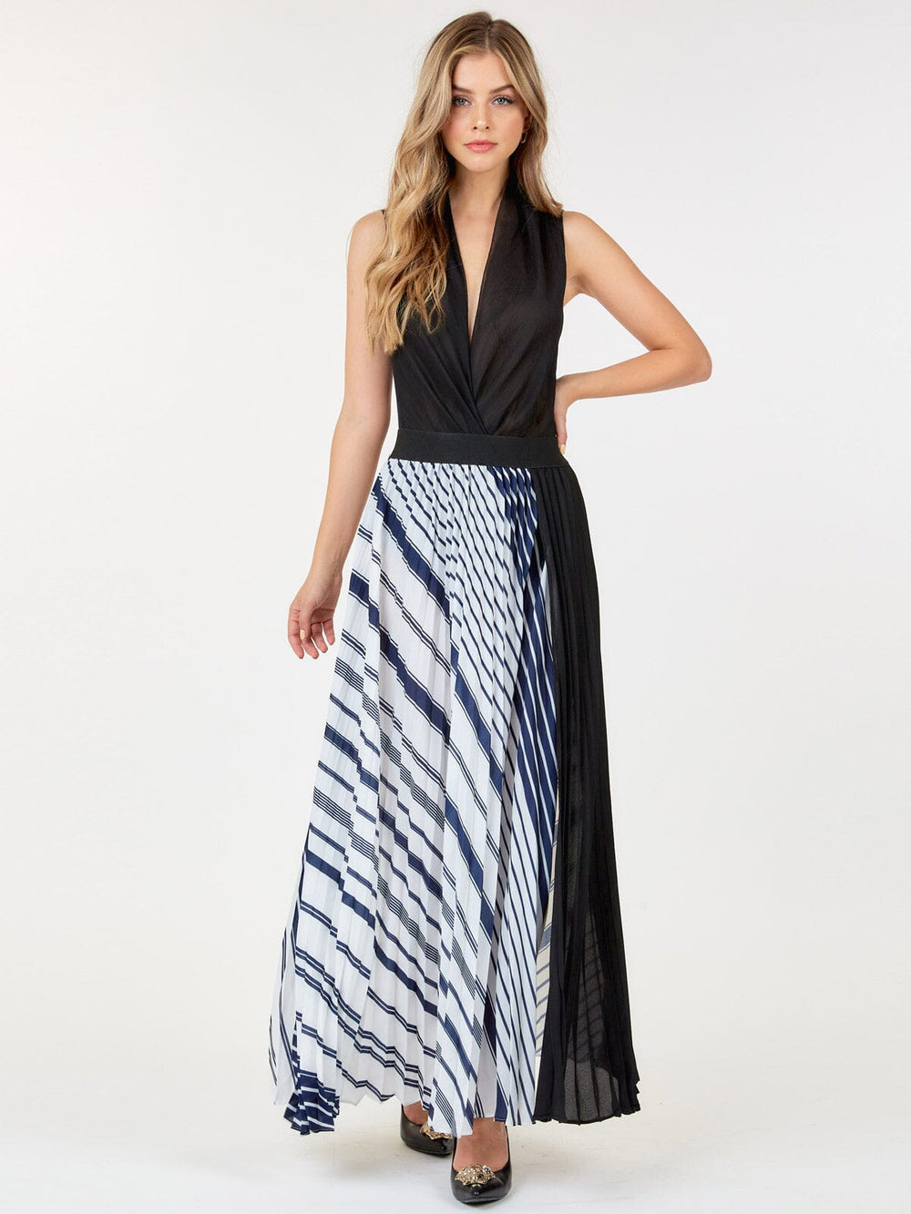 WOMEN'S ELASTIC WAIST FRONT SLIT PLEATED PRINT MAXI SKIRT