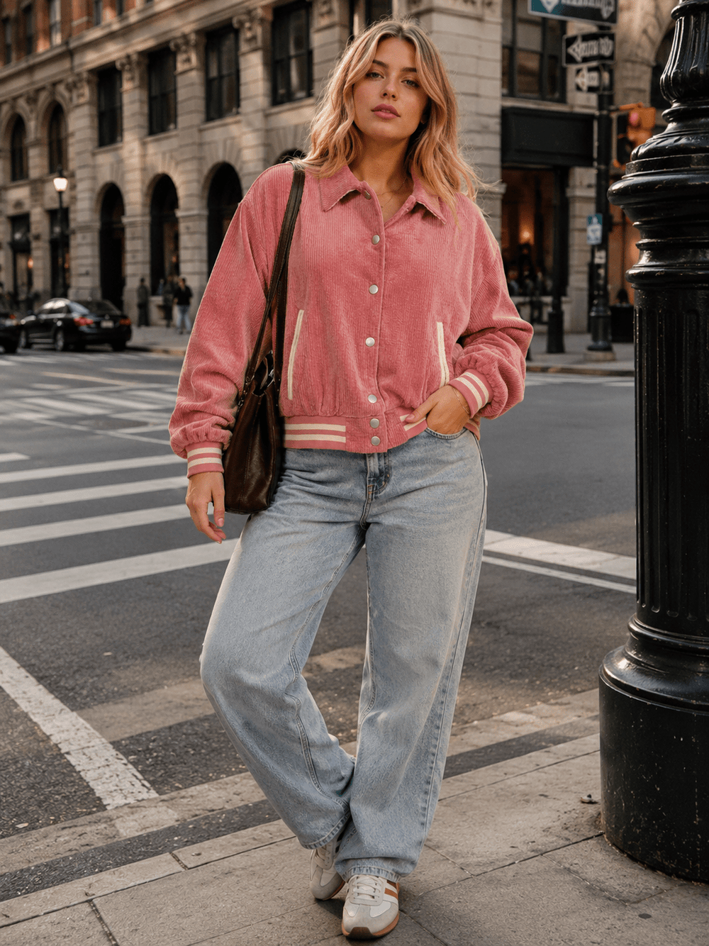 WOMEN'S LONG SLEEVE BUTTON CLOSURE FRONT POCKETS CORDUROY JACKET