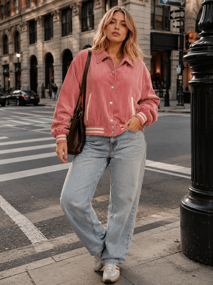 WOMEN'S LONG SLEEVE BUTTON CLOSURE FRONT POCKETS CORDUROY JACKET