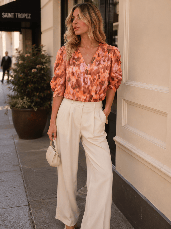 WOMEN'S SHORT RUCHED SLEEVE SURPLICE MULTI PRINT BODYSUIT