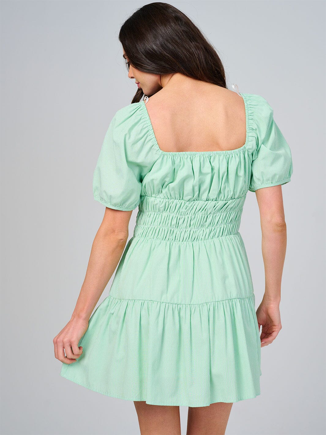 WOMEN'S SHORT SLEEVE SQUARE NECK RUCHED STRIPES TIERED MINI DRESS