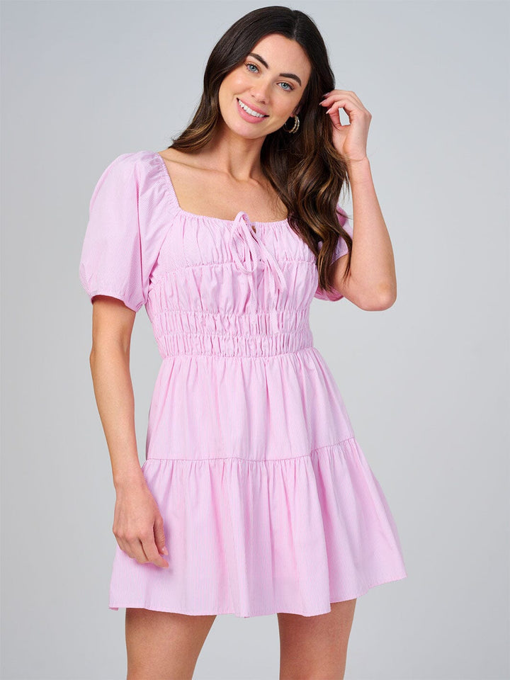 WOMEN'S SHORT SLEEVE SQUARE NECK RUCHED STRIPES TIERED MINI DRESS