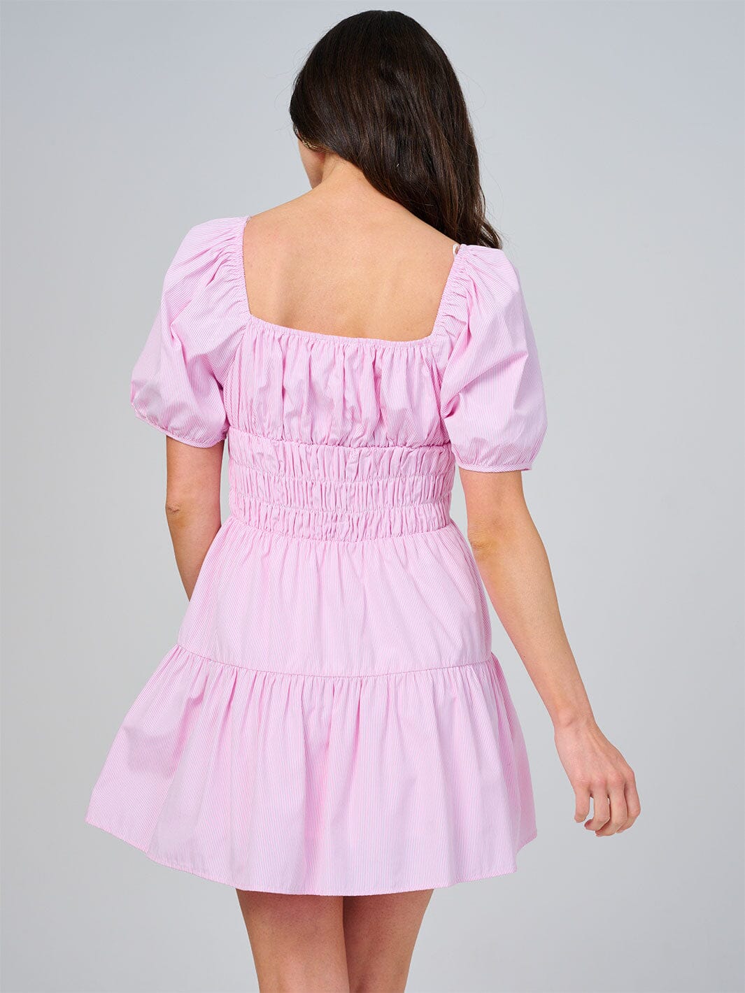 WOMEN'S SHORT SLEEVE SQUARE NECK RUCHED STRIPES TIERED MINI DRESS