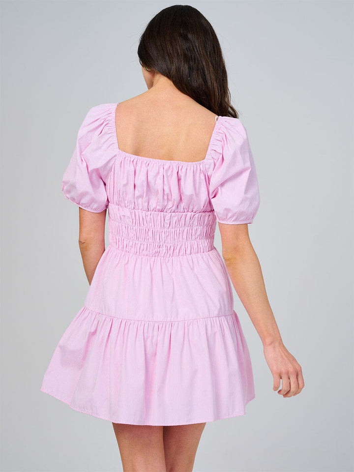 WOMEN'S SHORT SLEEVE SQUARE NECK RUCHED STRIPES TIERED MINI DRESS