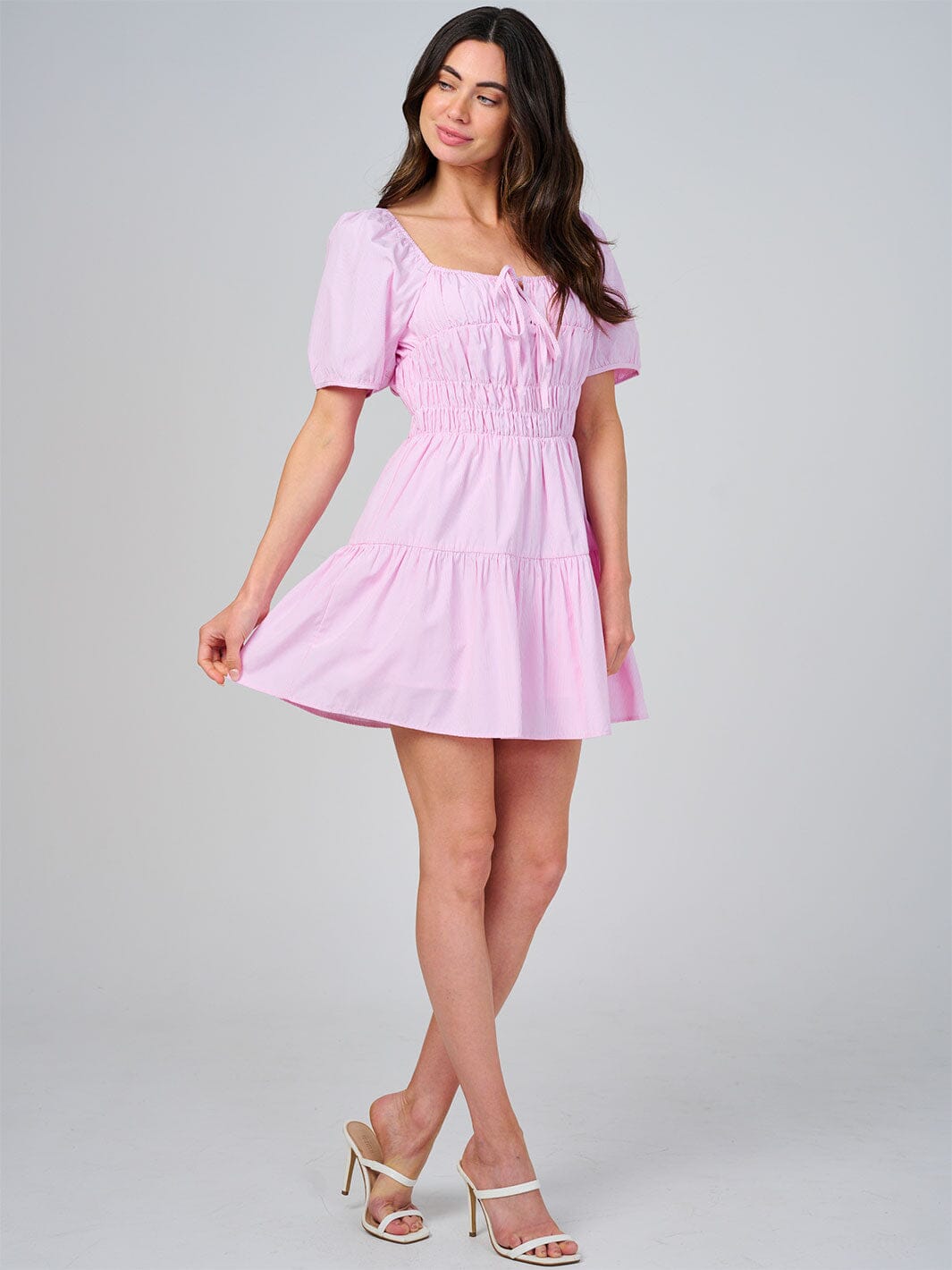 WOMEN'S SHORT SLEEVE SQUARE NECK RUCHED STRIPES TIERED MINI DRESS