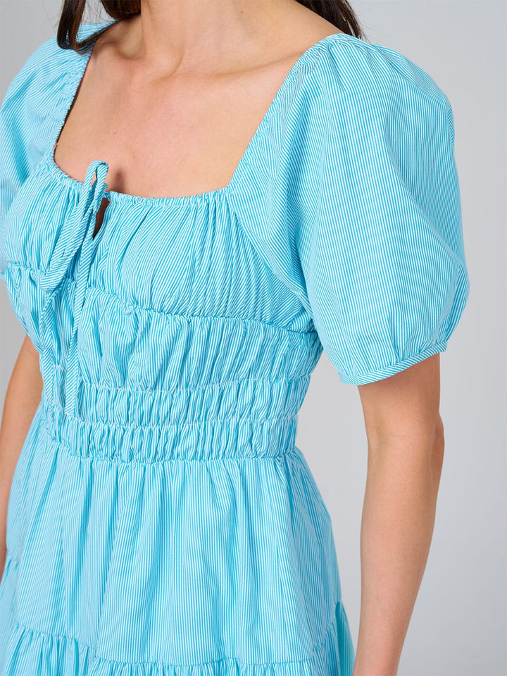 WOMEN'S SHORT SLEEVE SQUARE NECK RUCHED STRIPES TIERED MINI DRESS