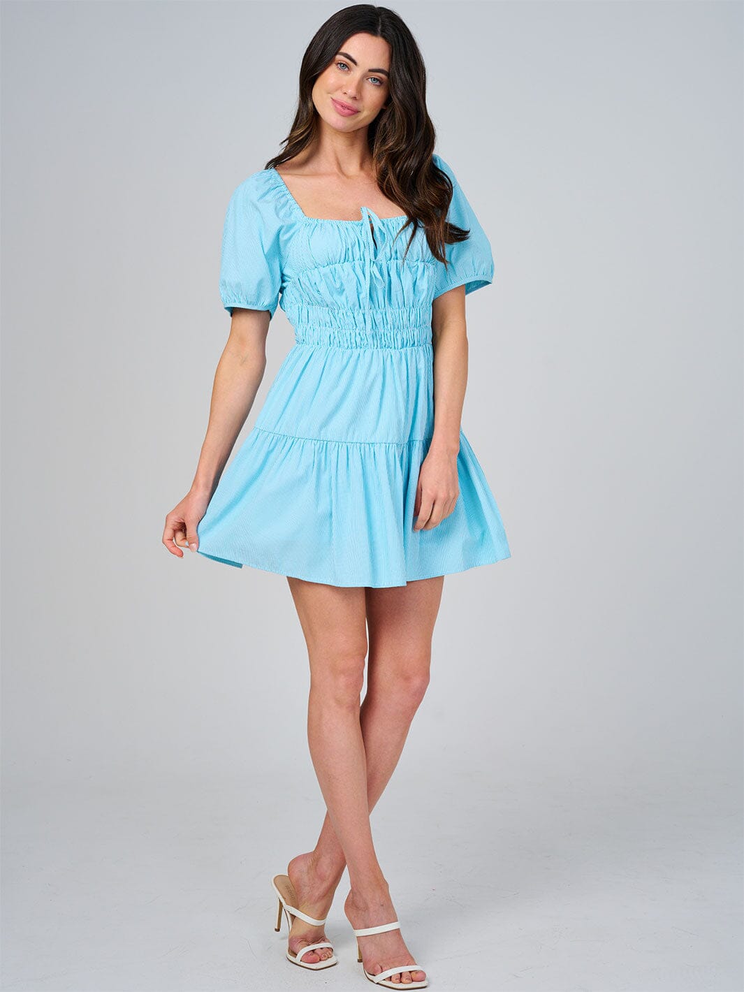 WOMEN'S SHORT SLEEVE SQUARE NECK RUCHED STRIPES TIERED MINI DRESS