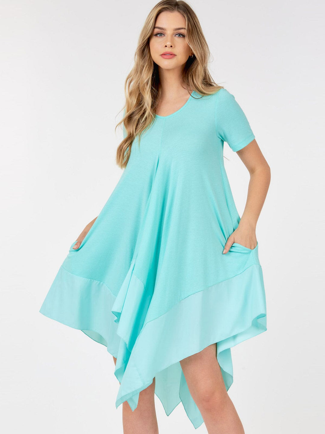 WOMEN'S SHORT SLEEVE V-NECK TUNIC FRONT POCKETS HIGH LOW MINI DRESS