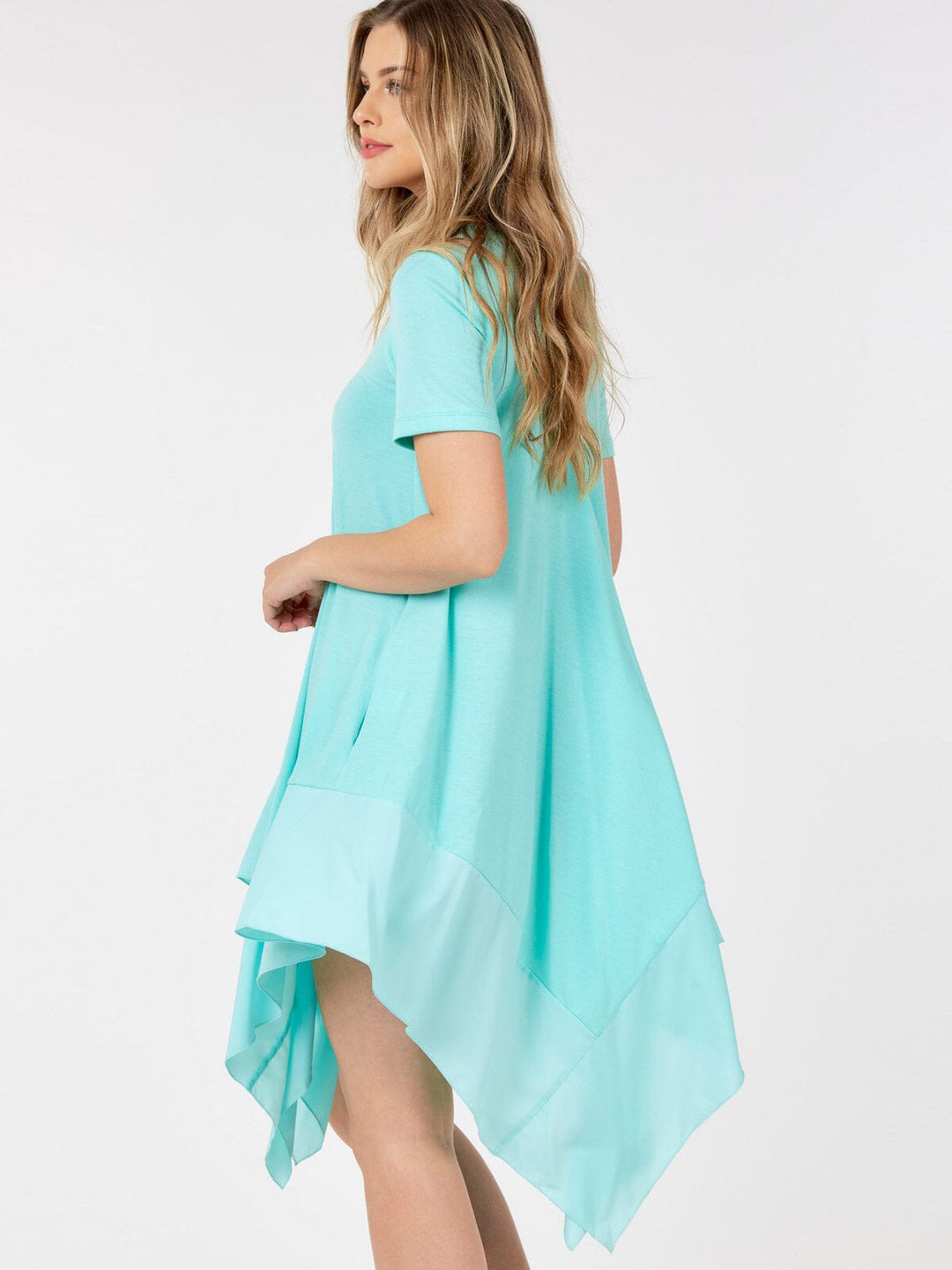 WOMEN'S SHORT SLEEVE V-NECK TUNIC FRONT POCKETS HIGH LOW MINI DRESS