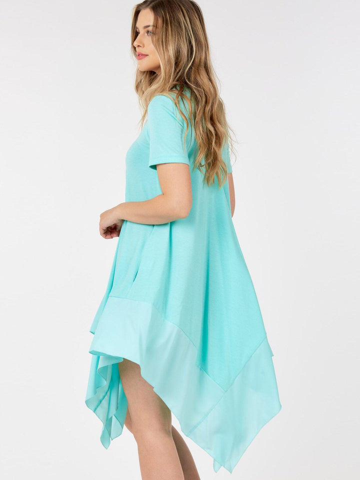 WOMEN'S SHORT SLEEVE V-NECK TUNIC FRONT POCKETS HIGH LOW MINI DRESS